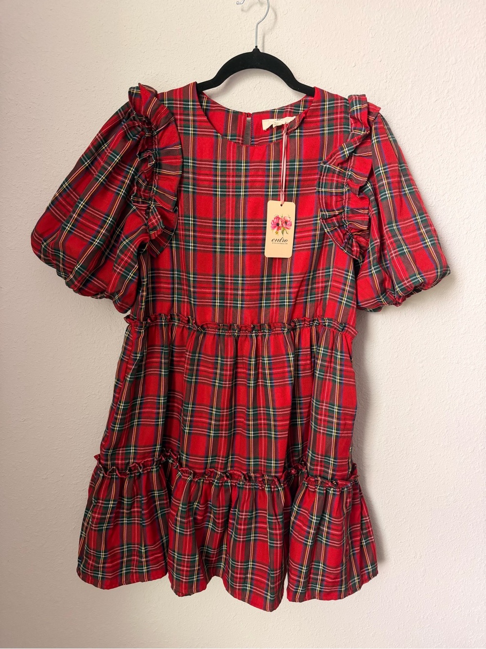 entro Red and Green Plaid Dress with Ruffle Detail